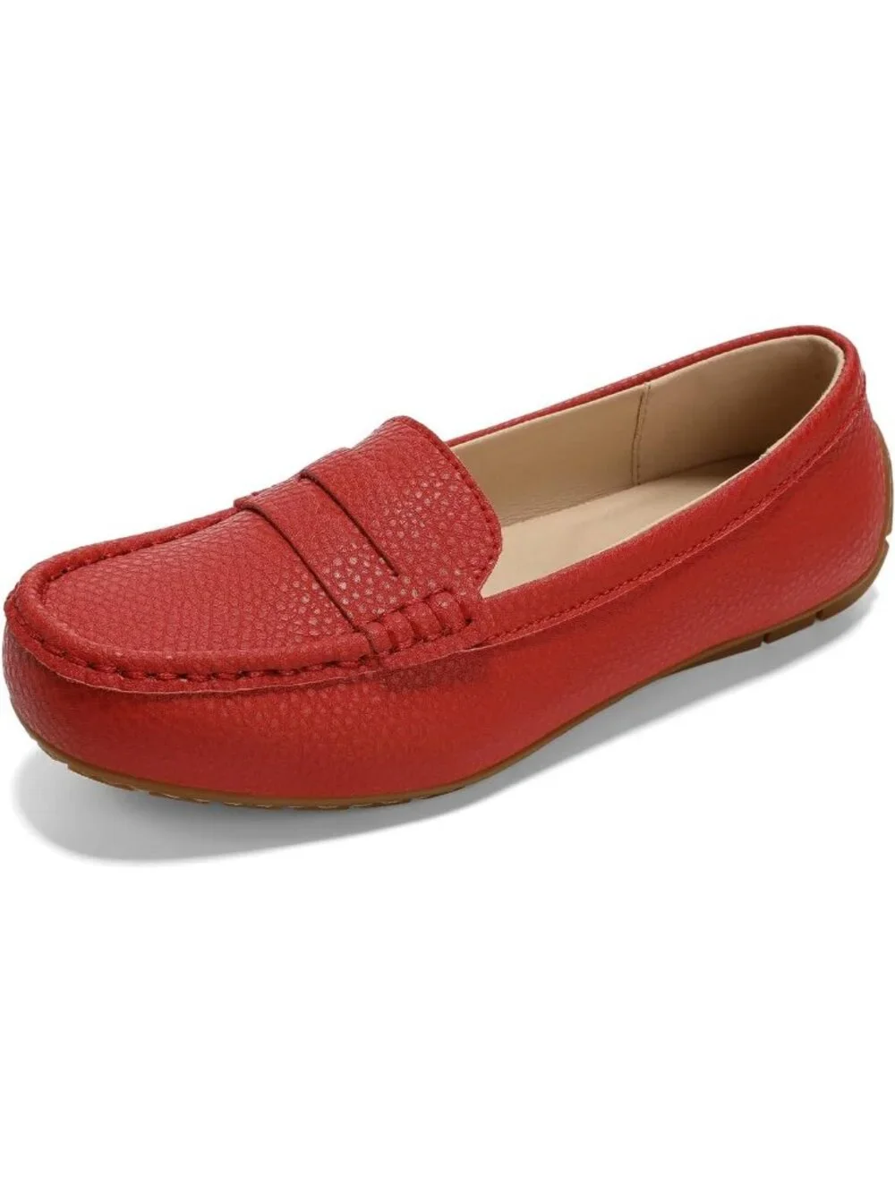 Women's Red Leather Penny Loafers Comfortable Lightweight Slip On Casual Shoes